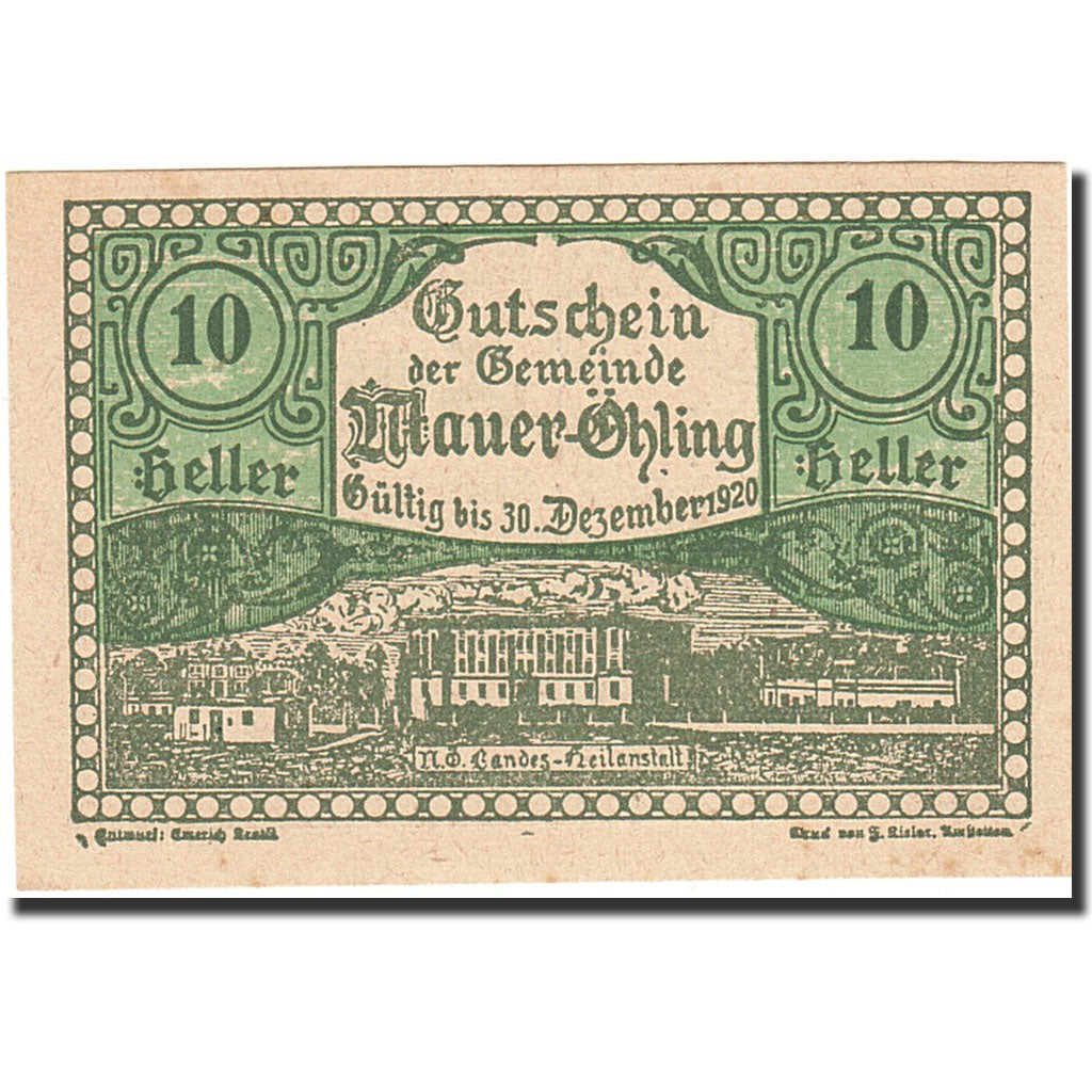 Banknote, Austria, Mauer Ohling, 10 Heller, paysage, 1920, 1920-12-30, UNC(63)