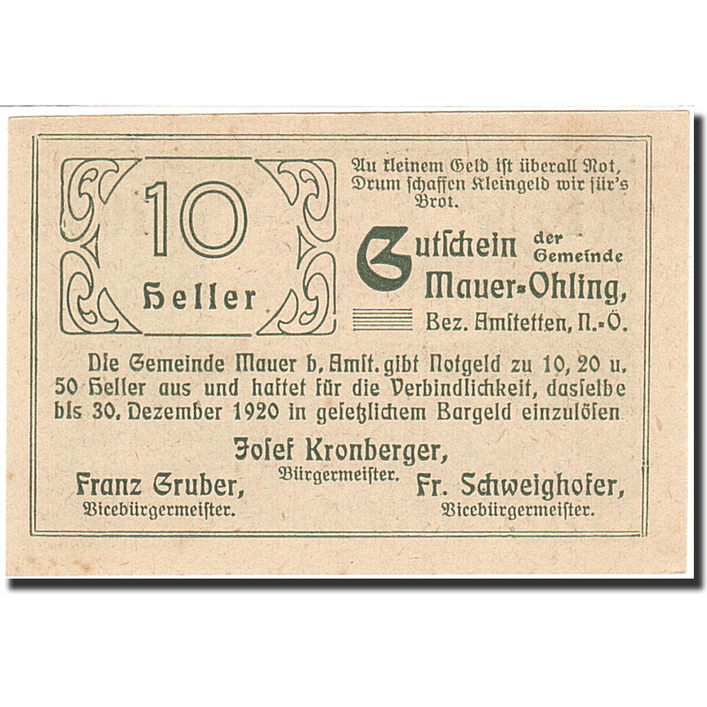 Banknote, Austria, Mauer Ohling, 10 Heller, paysage, 1920, 1920-12-30, UNC(63)