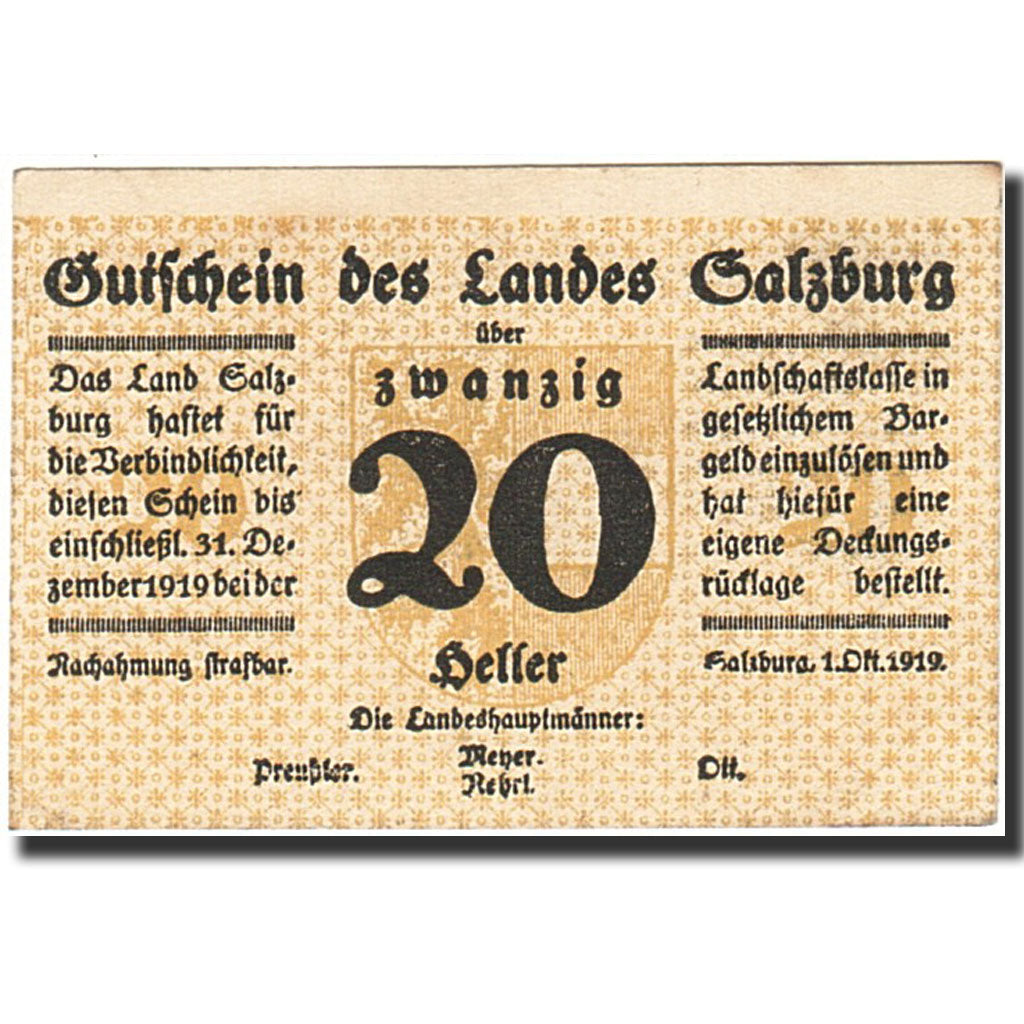 Banknote, Austria, Salzbourg, 20 Heller, valeur faciale, 1919, 1919-12-31