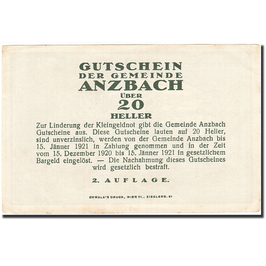 Banknote, Austria, Maria Anzbach, 20 Heller, pont, 1921, 1921-01-15, AU(55-58)