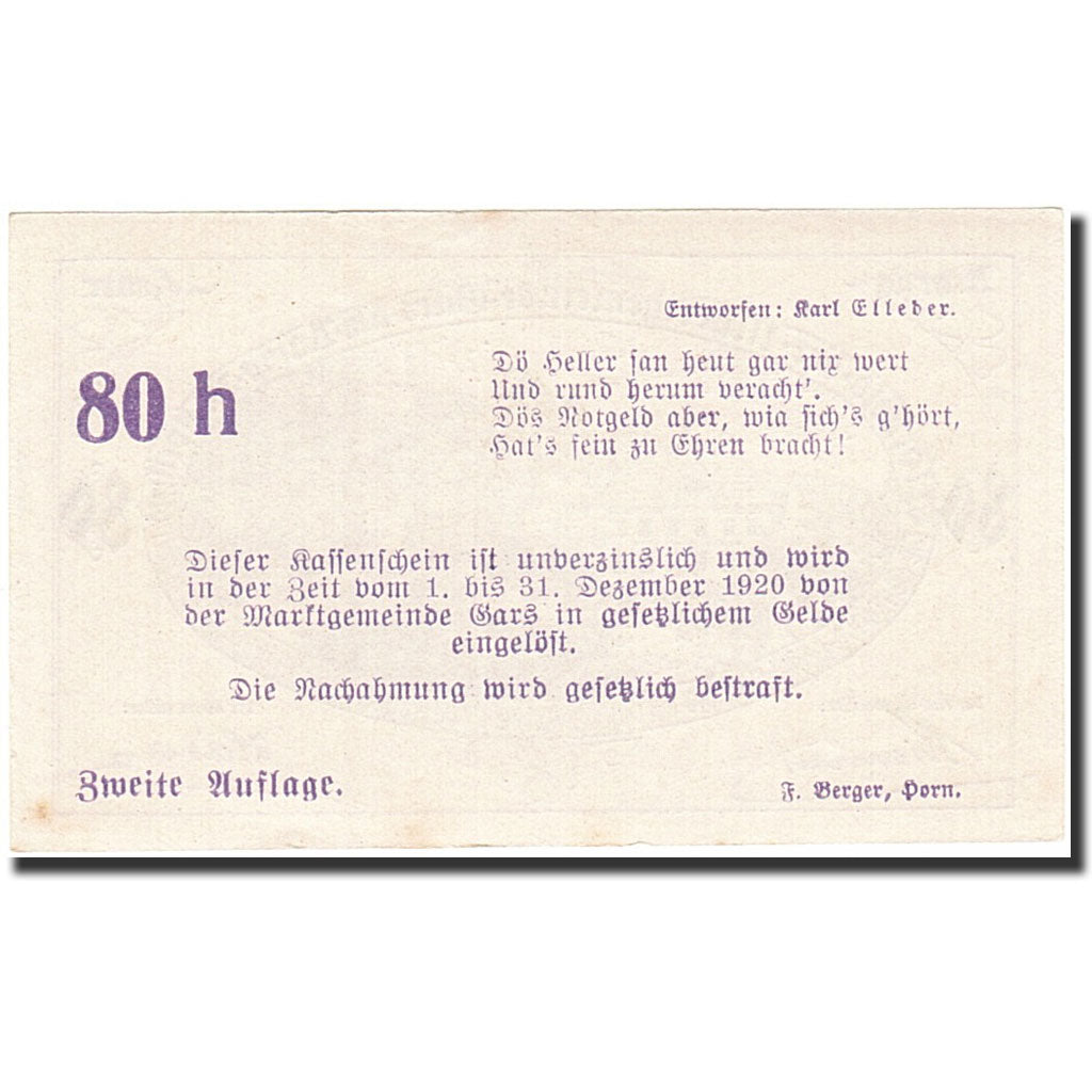 Banknote, Austria, Gars am Kamp, 80 Heller, paysage, 1920, 1920-12-31