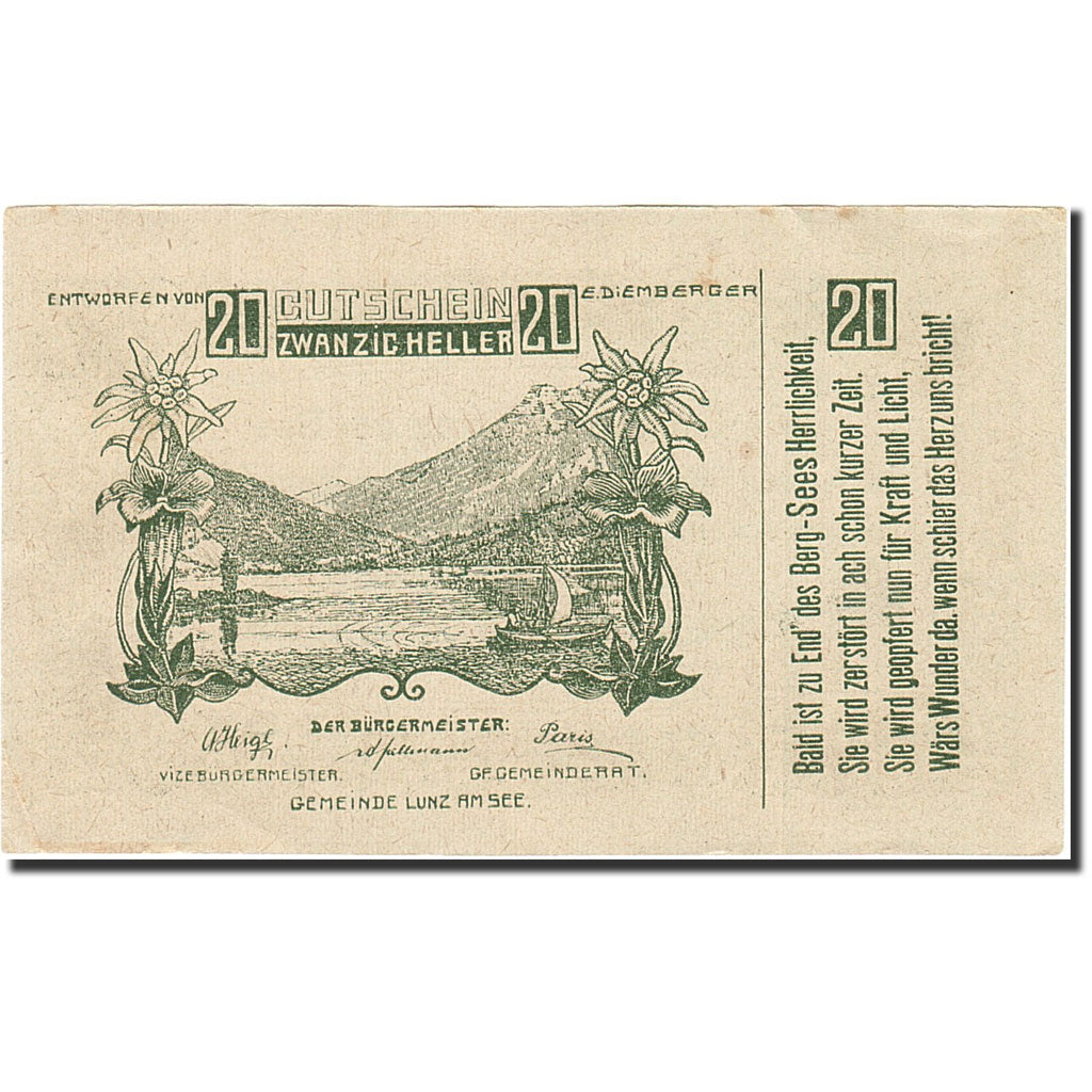 Banconote, Austria, Lunz am See, 20 Heller, paysage, 1920, 1920-12-31, BB+