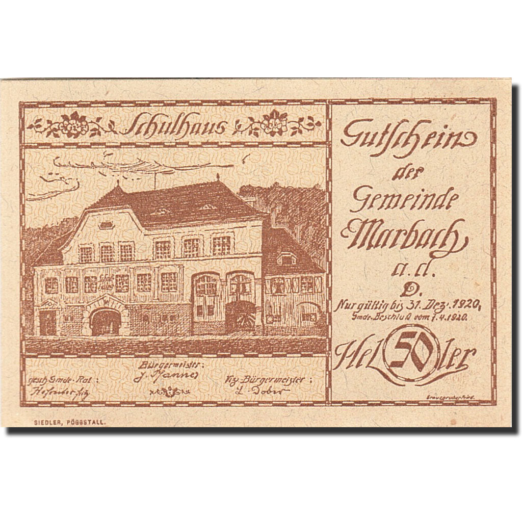 Banknote, Austria, Marbach an der Donau, 50 Heller, ecole, 1920, 1920-12-31