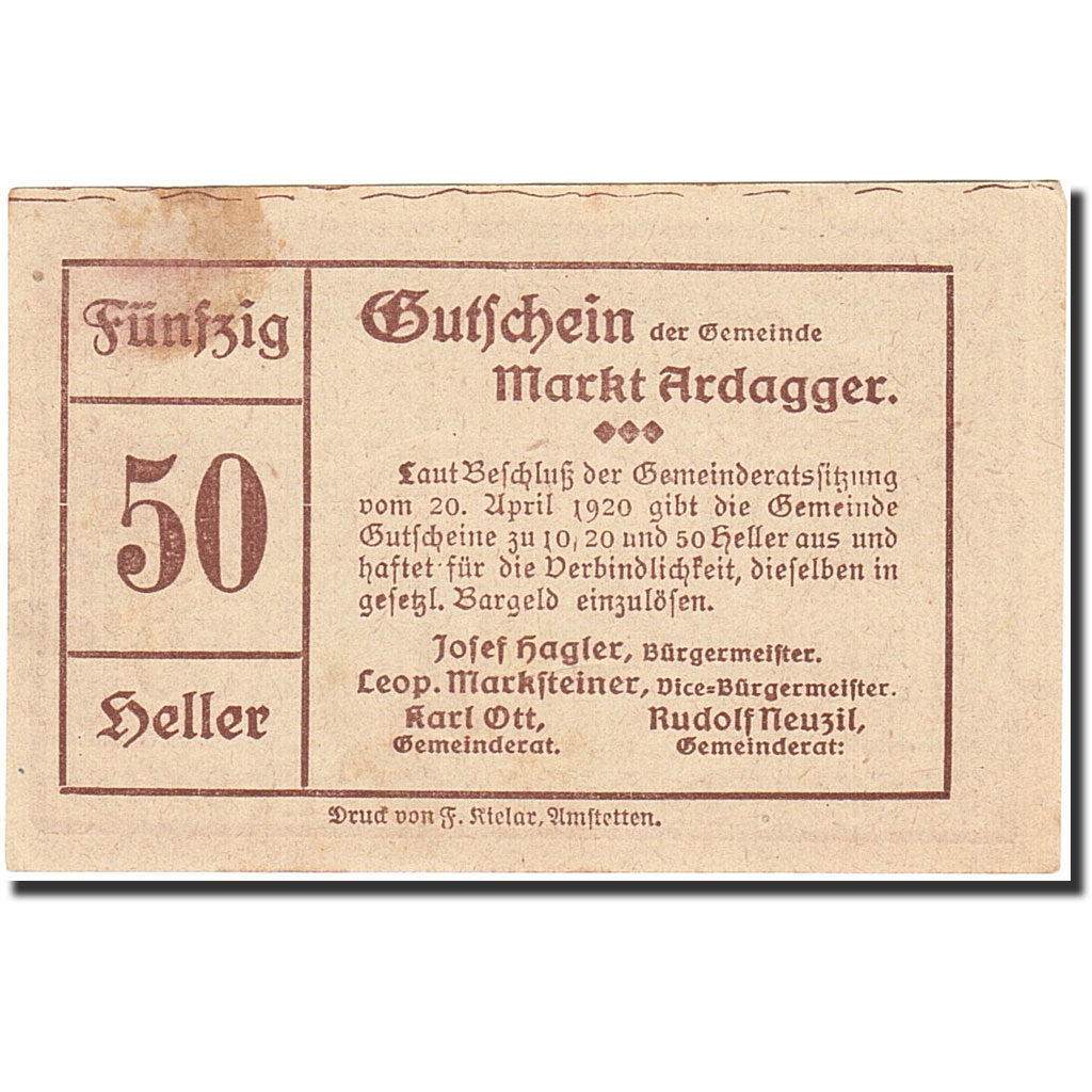 Banknote, Austria, Ardagger, 50 Heller, paysage, 1920, 1920-04-20, EF(40-45)