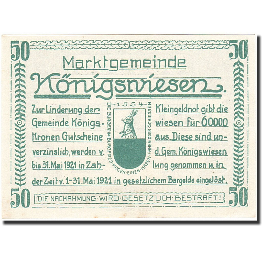 Banknote, Austria, Konigswiesen, 50 Heller, valeur faciale, 1921, 1921-05-31