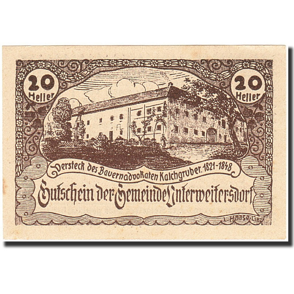 Banknote, Austria, Unterweitersdorf, 20 Heller, Monument, 1920, 1920-05-15
