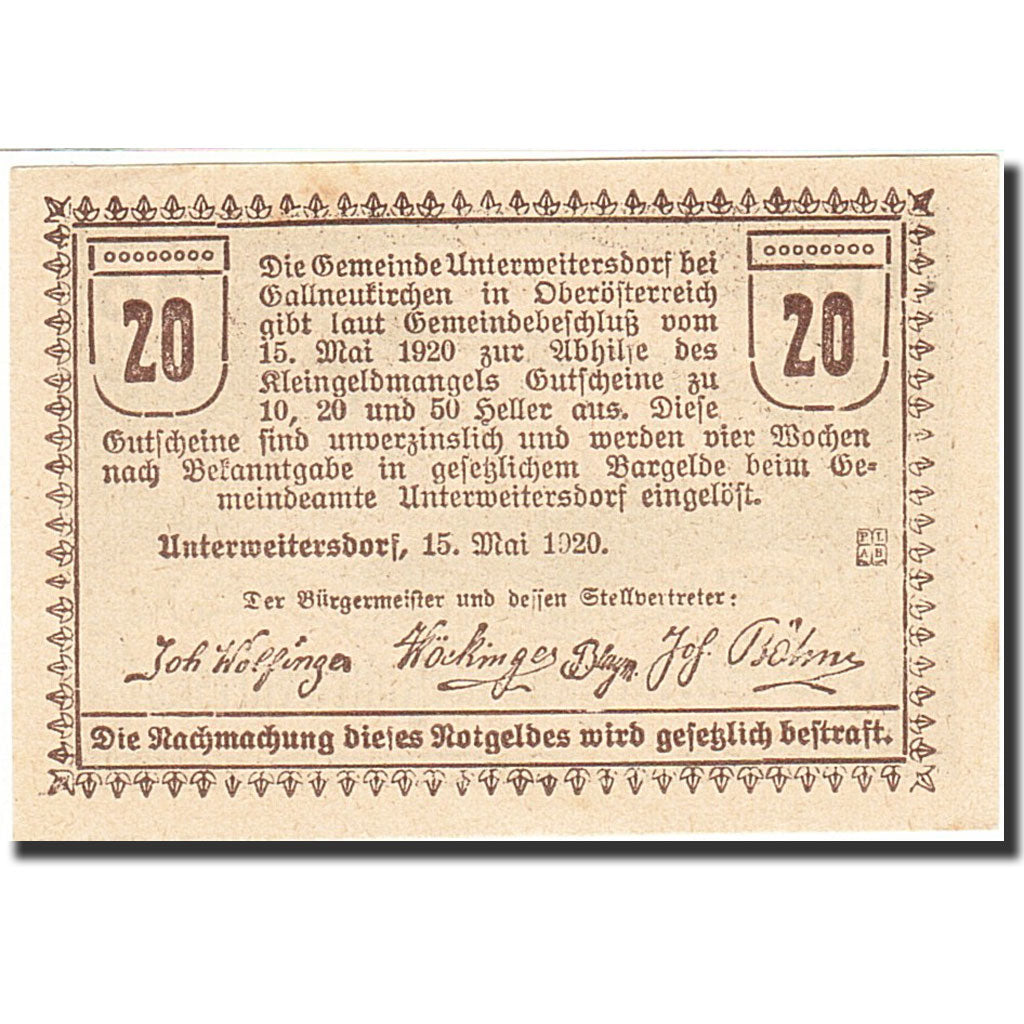 Banknote, Austria, Unterweitersdorf, 20 Heller, Monument, 1920, 1920-05-15