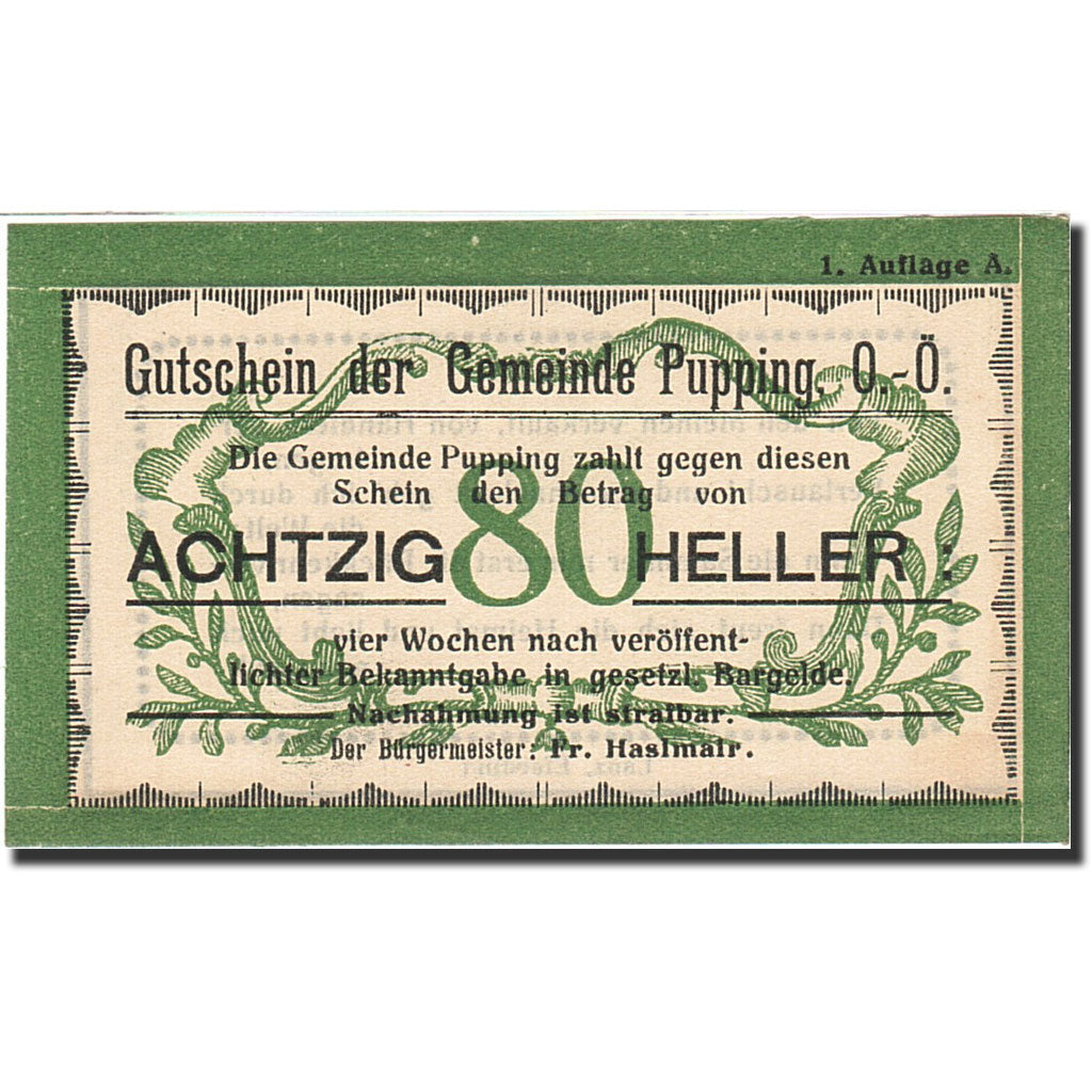 Banknote, Austria, Pupping, 80 Heller, valeur faciale, 1920, 1920-12-31, UNC(63)