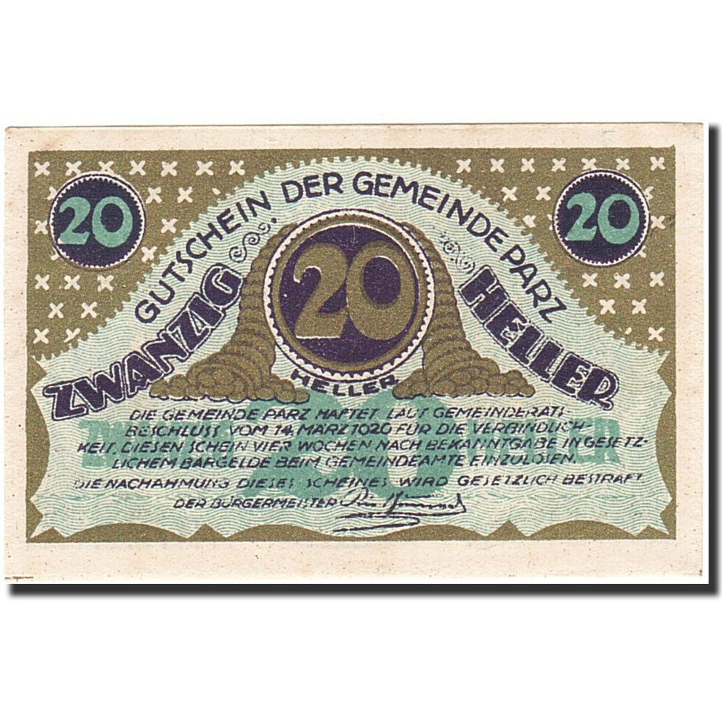Banknote, Austria, Parz, 20 Heller, corne d'abondance, 1920, 1920-03-14, UNC(63)
