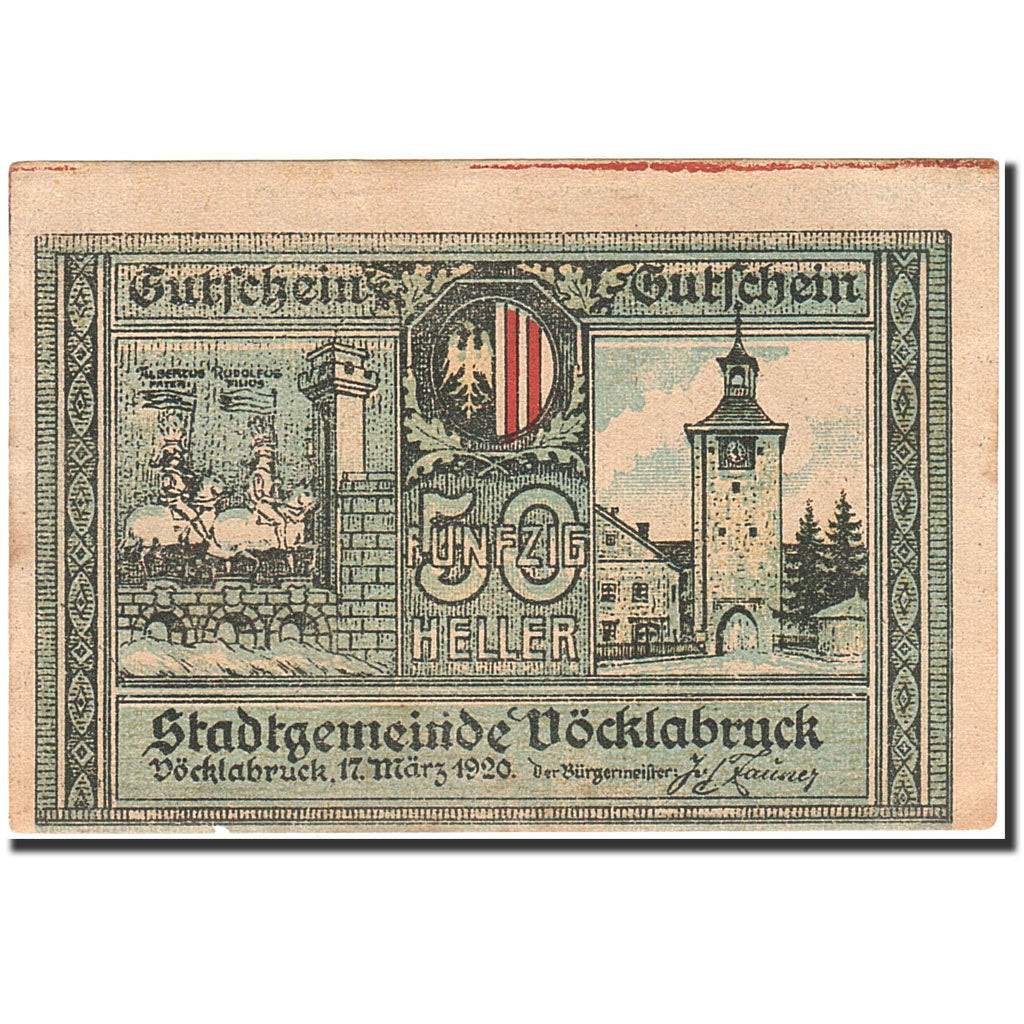 Banknote, Austria, Vocklabruck, 50 Heller, château, 1920, 1920-03-17, EF(40-45)