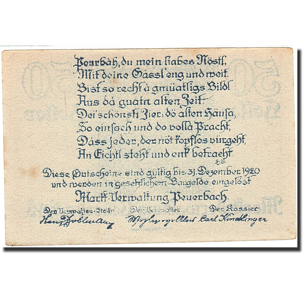 Banknote, Austria, PUERBACH, 50 Heller, Monument, 1920, 1920-12-31, EF(40-45)