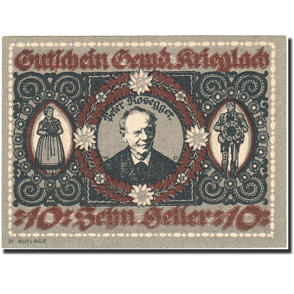 Banknote, Austria, Krieglach, 10 Heller, personnage, 1920-10-31, 1920-12-31