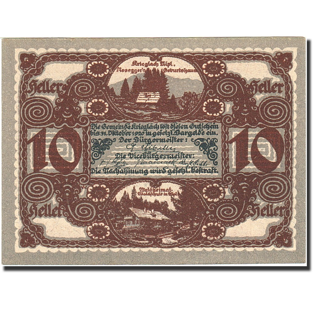 Banknote, Austria, Krieglach, 10 Heller, personnage, 1920-10-31, 1920-12-31