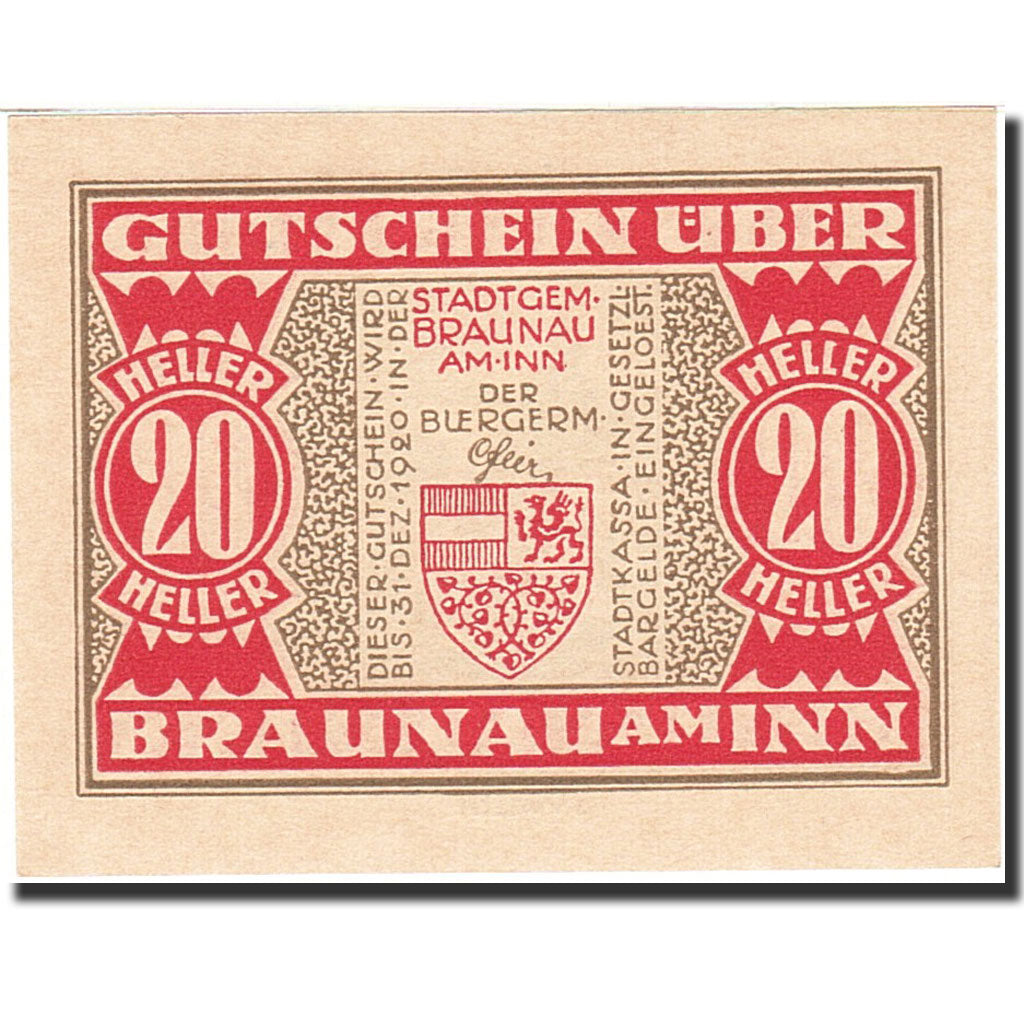 Banknote, Austria, Braunau am Inn, 20 Heller, Blason, 1920, 1920-12-31