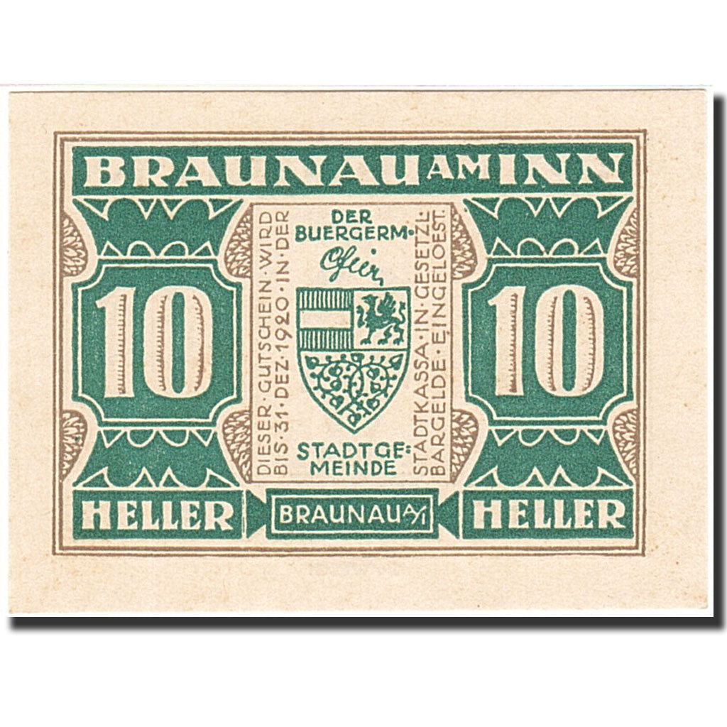 Banknote, Austria, Braunau am Inn, 10 Heller, Blason, 1920, 1920-12-31