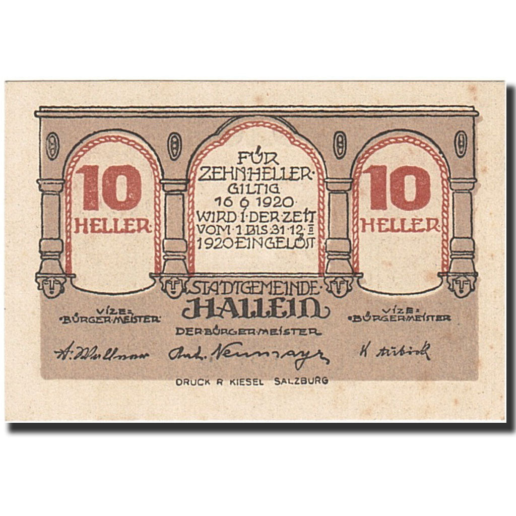 Billet, Autriche, Hallein, 10 Heller, personnage, 1920, 1920-12-31, SUP+