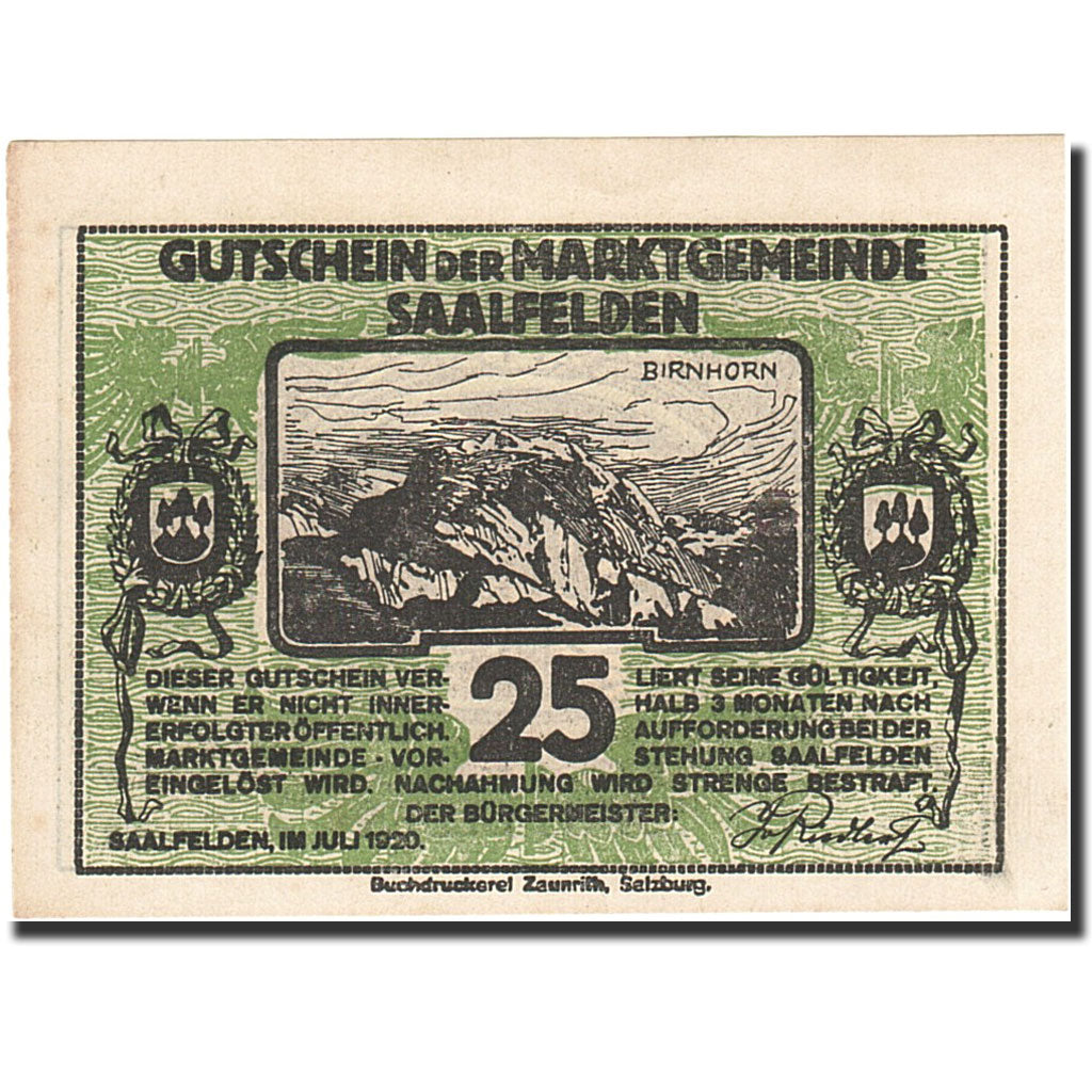 Banknote, Austria, Saalfelden, 20 Heller, montagne, 1920, 1920-07-01, AU(55-58)