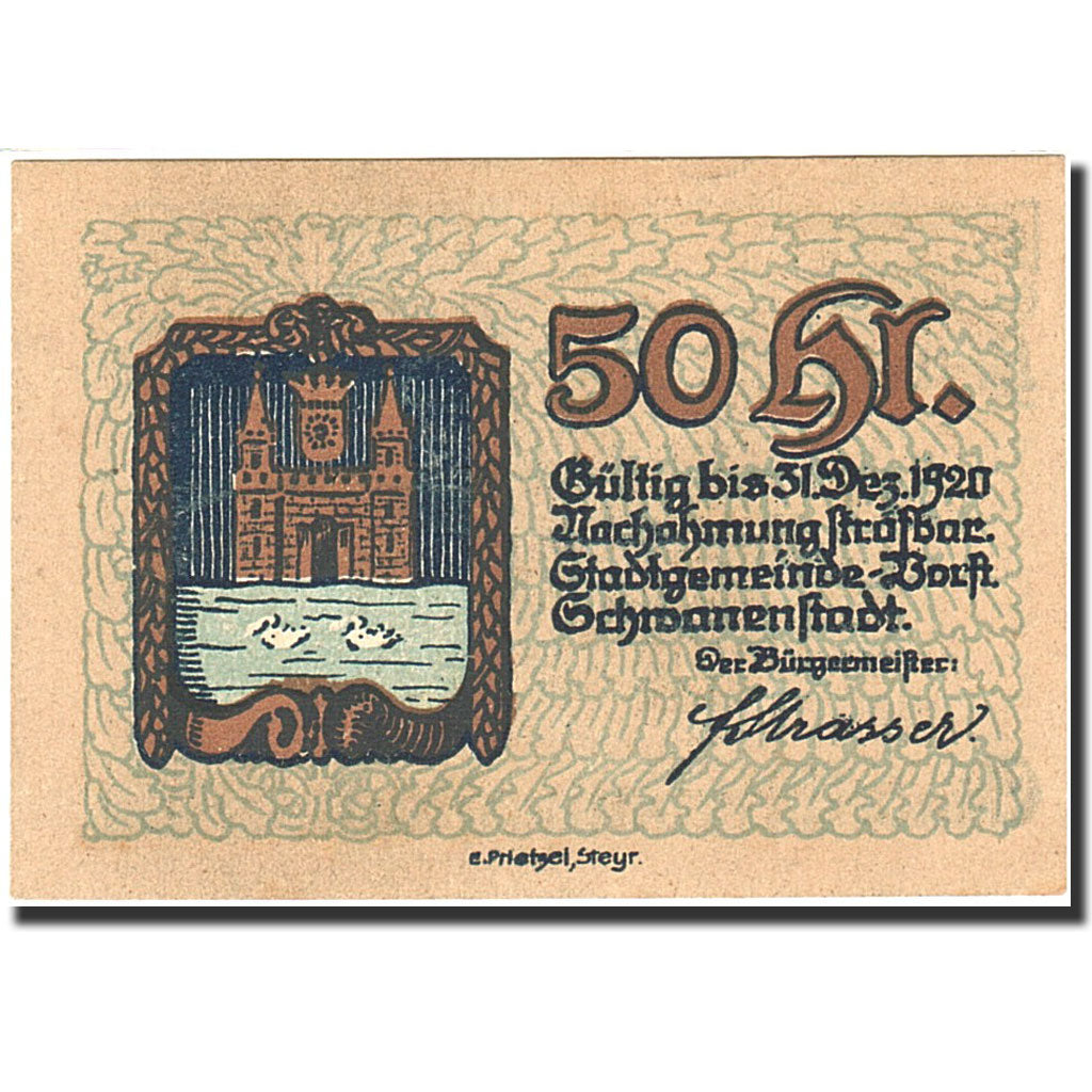 Banknote, Austria, Schwanenstadt, 50 Heller, château, 1920, 1920-12-31, UNC(64)