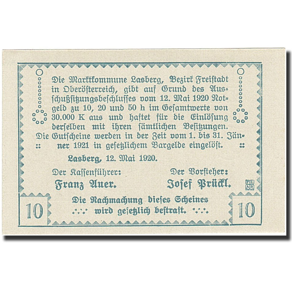 Banknote, Austria, Lasberg, 10 Heller, village, 1921, 1921-01-31, UNC(65-70)