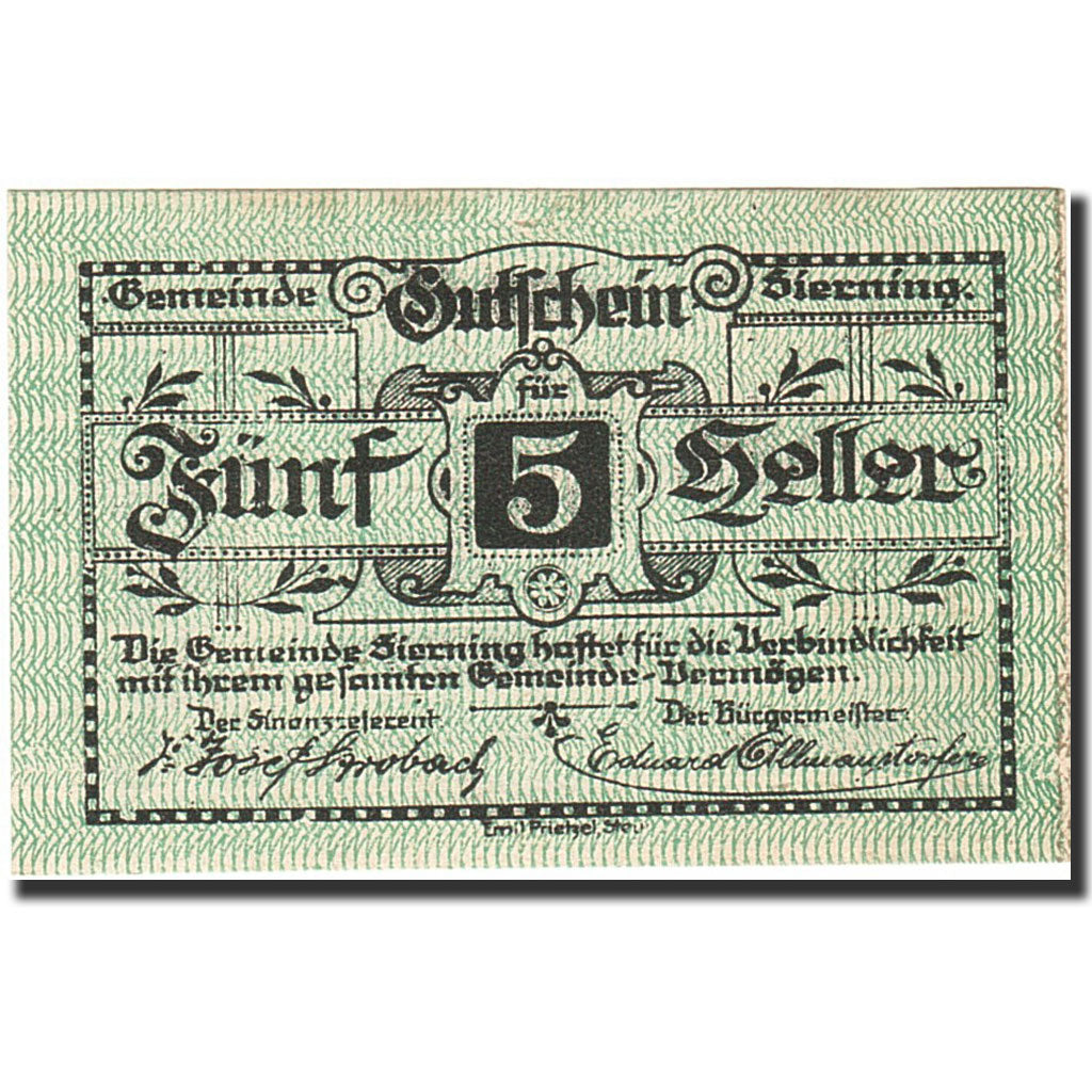 Banknote, Austria, Sierning, 5 Heller, personnage, 1921, 1921-07-01, UNC(60-62)