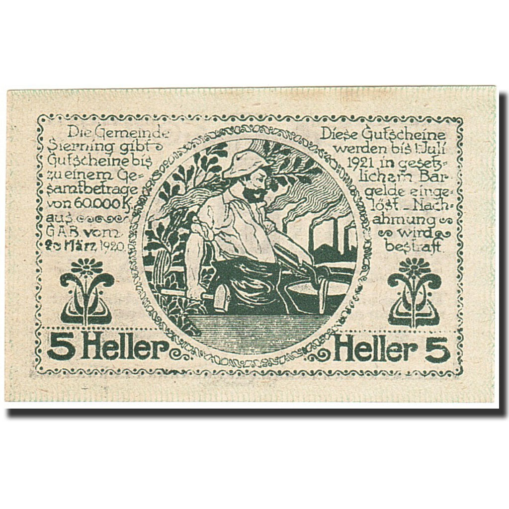 Banknote, Austria, Sierning, 5 Heller, personnage, 1921, 1921-07-01, UNC(60-62)