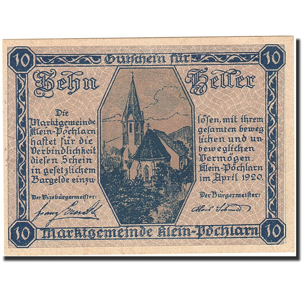 Banknote, Austria, Klein-Pochlarn, 10 Heller, Eglise, 1920, 1920-12-31