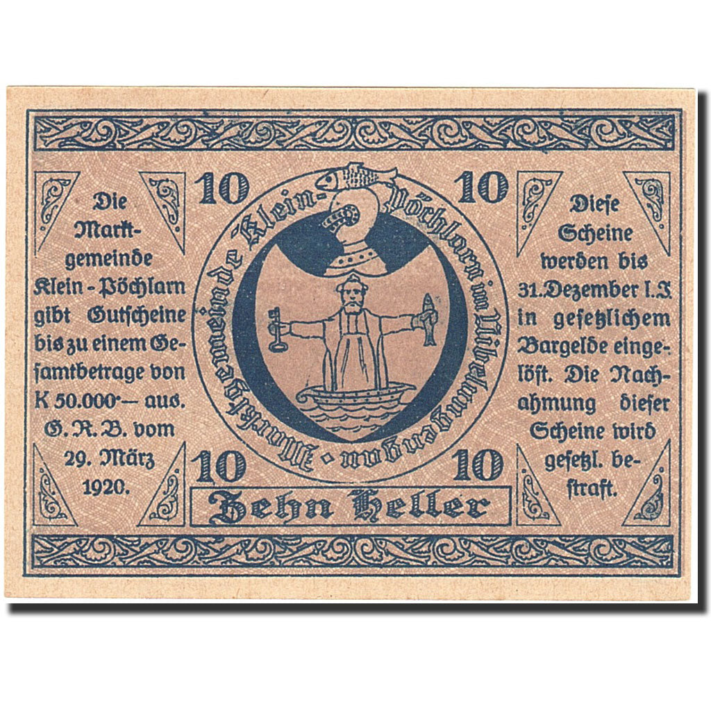 Banknote, Austria, Klein-Pochlarn, 10 Heller, Eglise, 1920, 1920-12-31