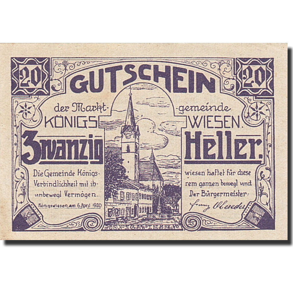 Banknote, Austria, Wiesen, 20 Heller, Eglise, 1921, 1921-05-31, UNC(63)