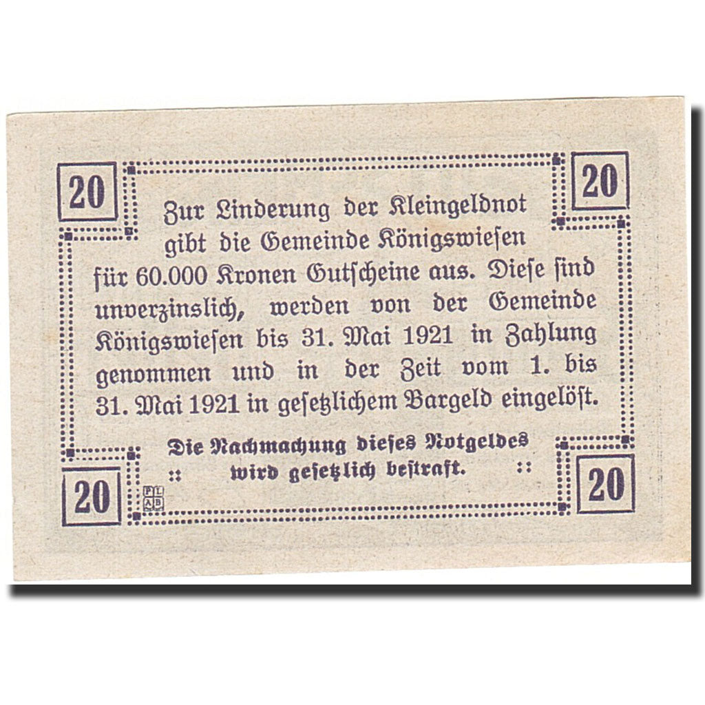 Banknote, Austria, Wiesen, 20 Heller, Eglise, 1921, 1921-05-31, UNC(63)