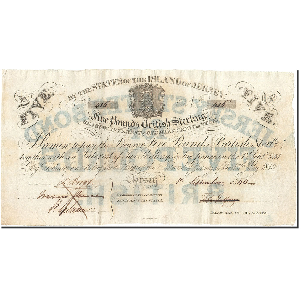 Jersey, 5 Pounds, 1840-09-01, AU 55, PMG