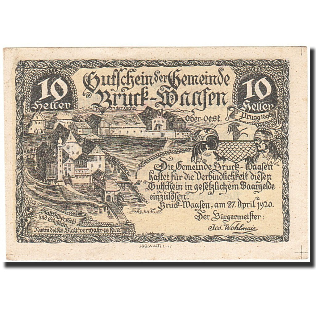 Billet, Autriche, Bruck-Waasen, 10 Heller, château, 1921, 1921-03-31, SPL