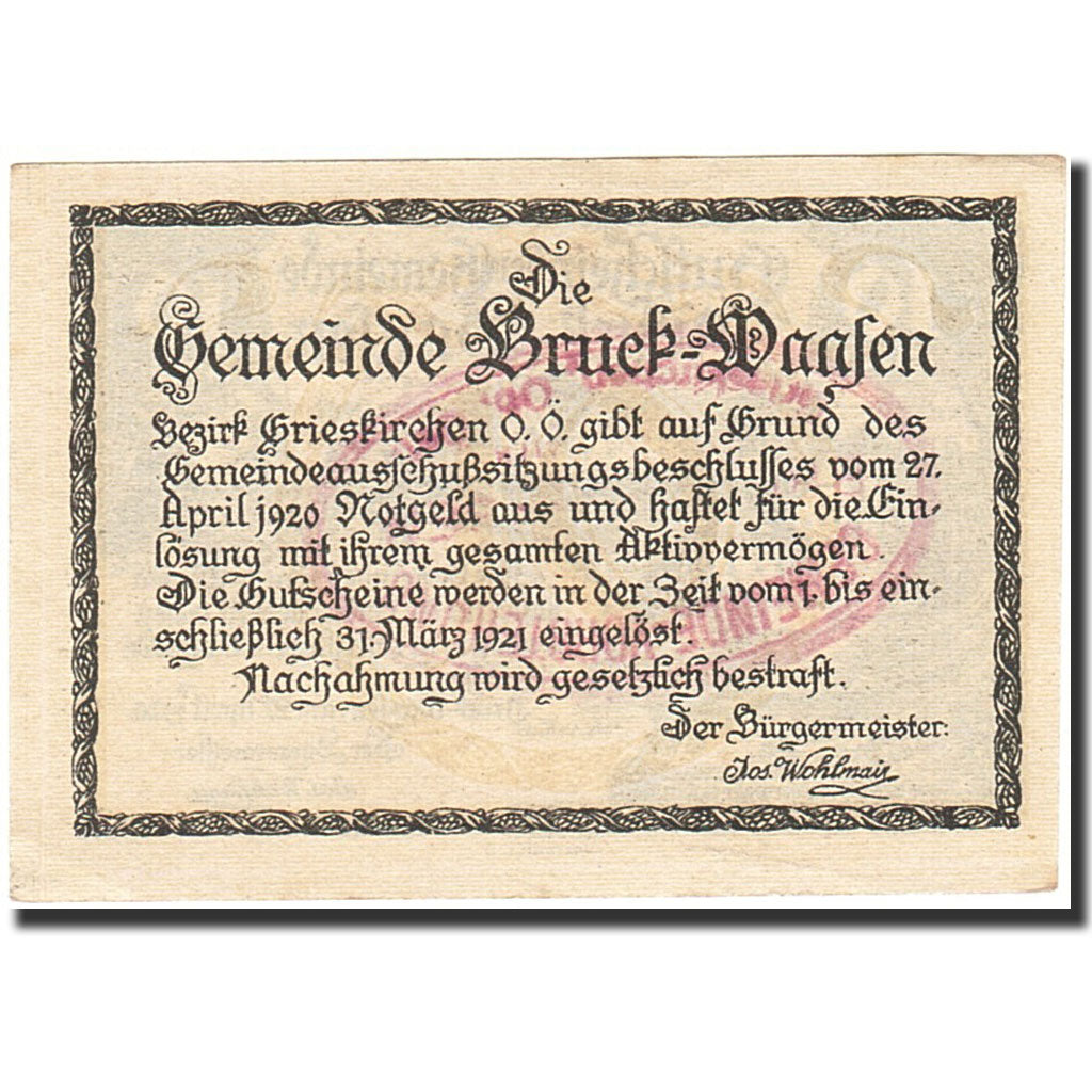 Billet, Autriche, Bruck-Waasen, 10 Heller, château, 1921, 1921-03-31, SPL