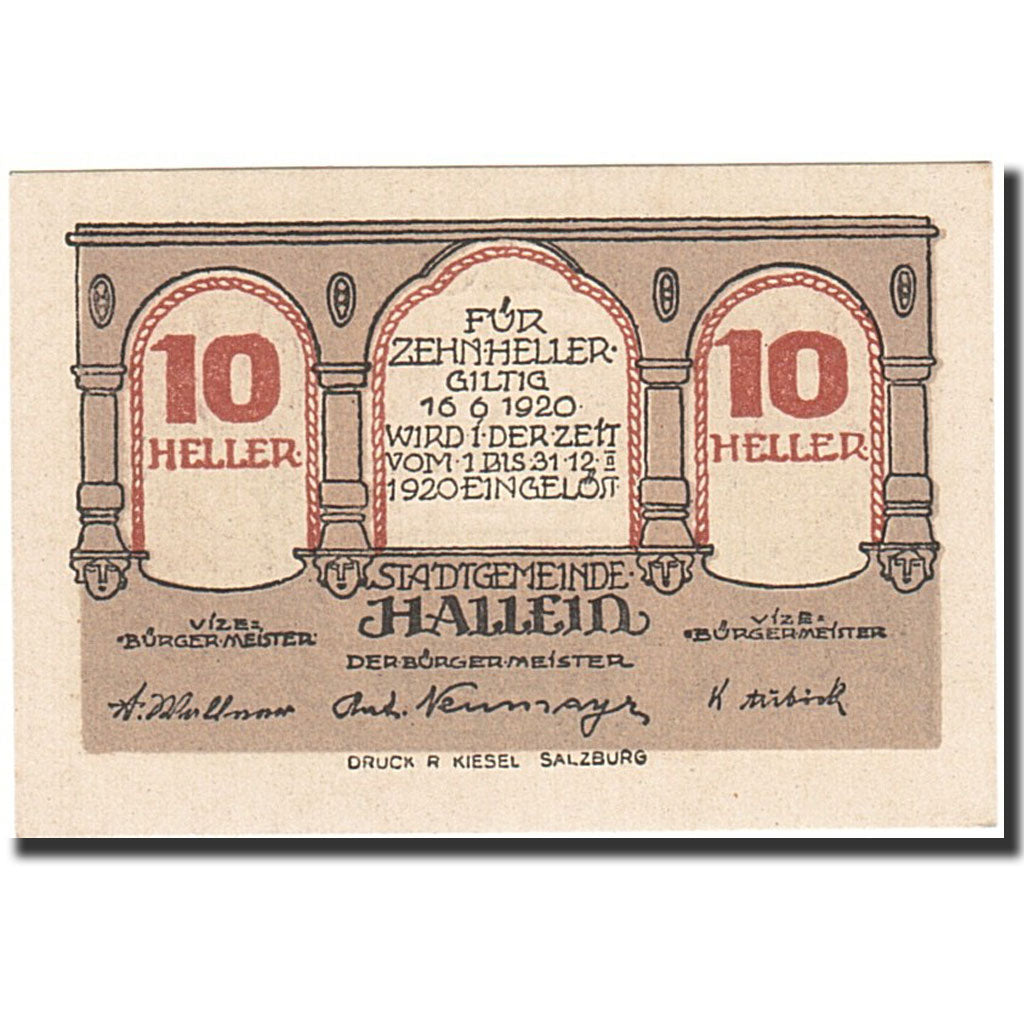 Banknote, Austria, Hallein, 10 Heller, artisan, 1920, 1920-12-31, UNC(65-70)