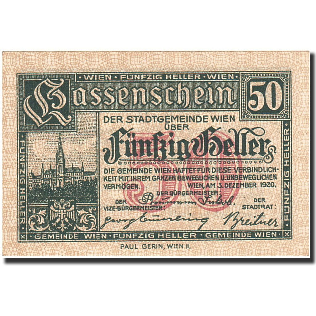 Banknote, Austria, Vienne, 50 Heller, Blason, 1921, 1921-12-31, UNC(63)
