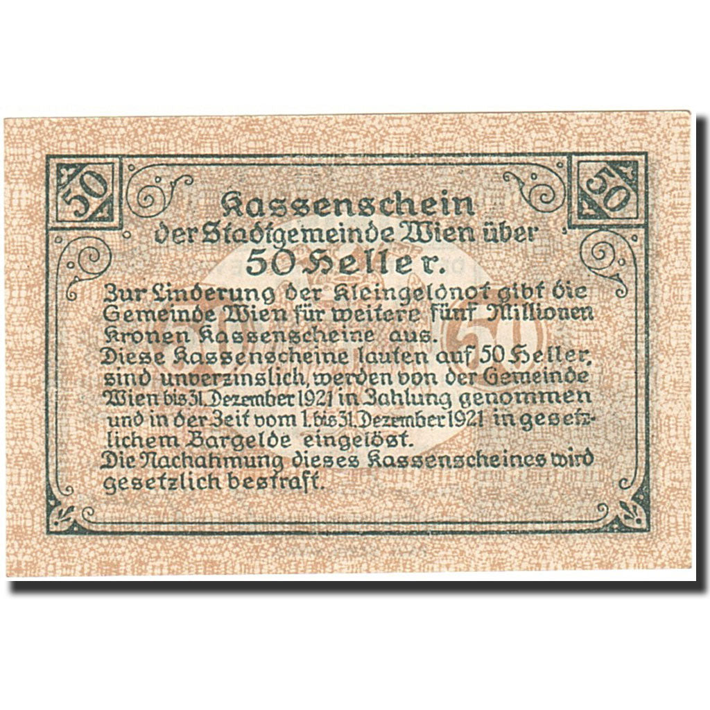 Banknote, Austria, Vienne, 50 Heller, Blason, 1921, 1921-12-31, UNC(63)
