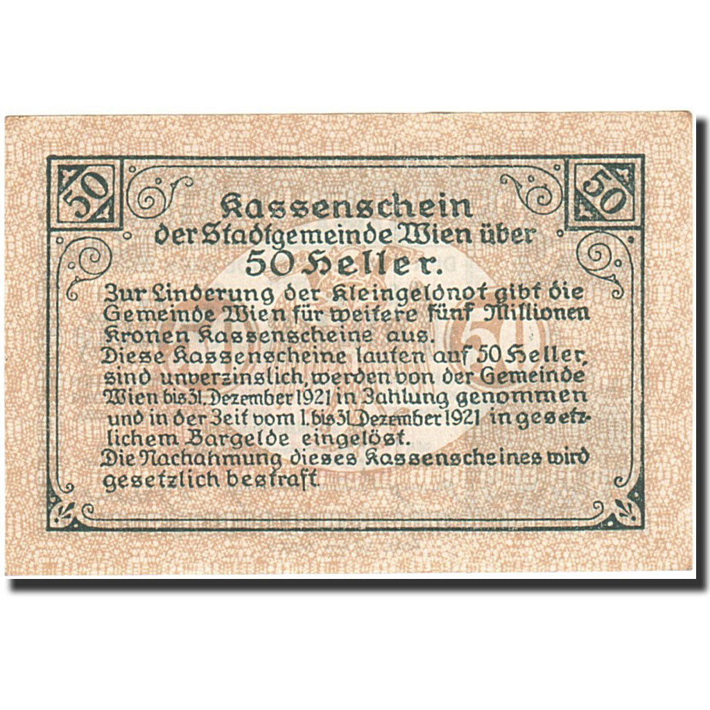 Banknote, Austria, Vienne, 50 Heller, Blason, 1921, 1921-12-31, UNC(65-70)