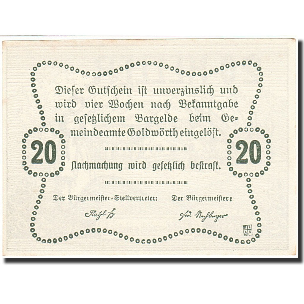 Banknote, Austria, Goldwörth, 20 Heller, ferme, 1920, 1920-12-31, AU(55-58)