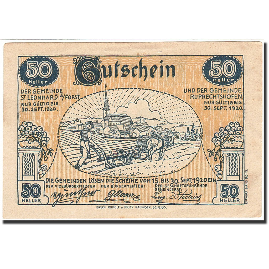 Banknote, Austria, Sankt Leonard am Forst, 50 Heller, agriculteur, 1920