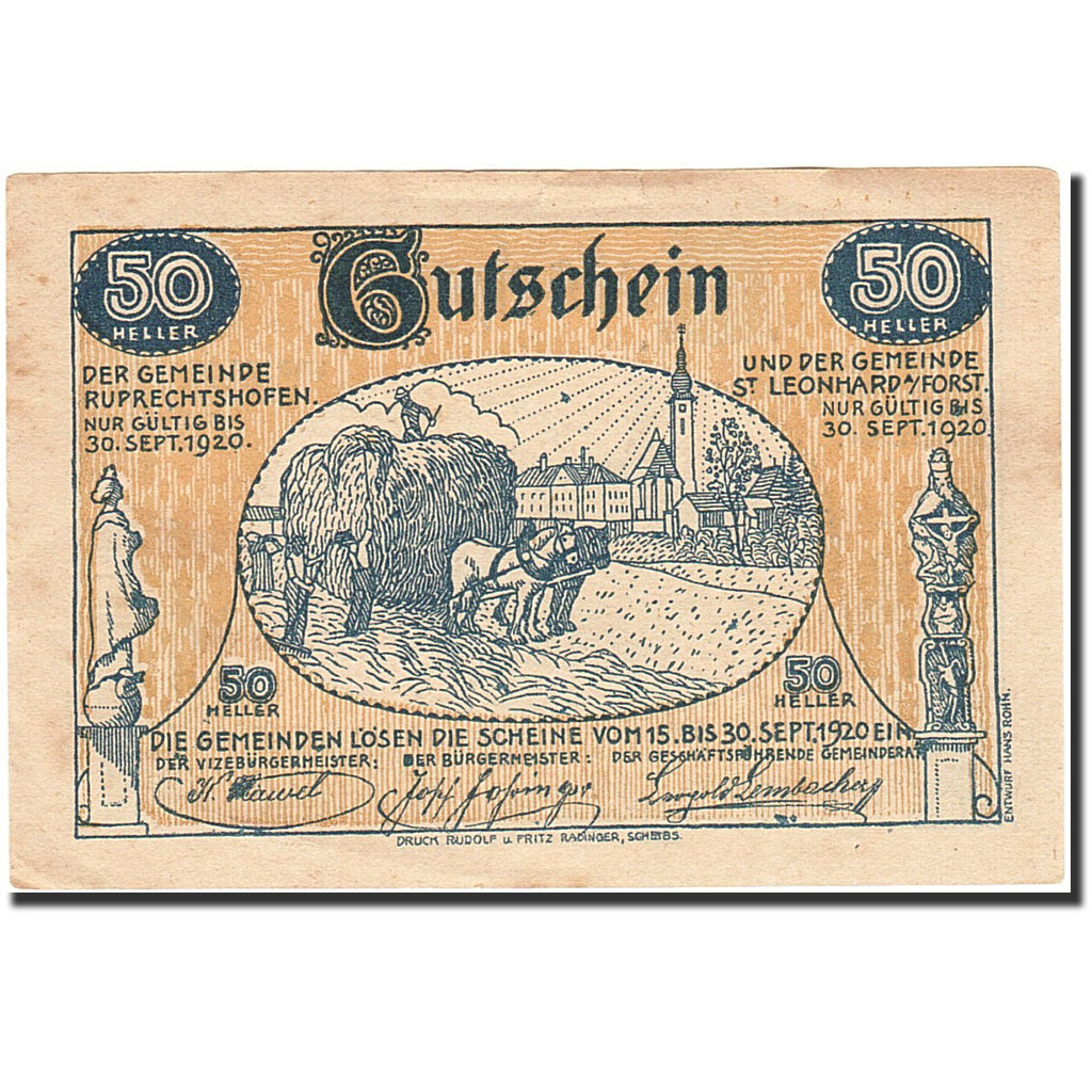 Banknote, Austria, Sankt Leonard am Forst, 50 Heller, agriculteur, 1920