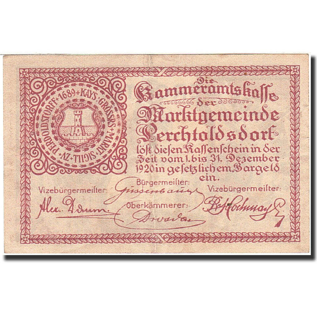 Banknote, Austria, Perchtoldsdorf, 50 Heller, château, 1920, 1920-12-31