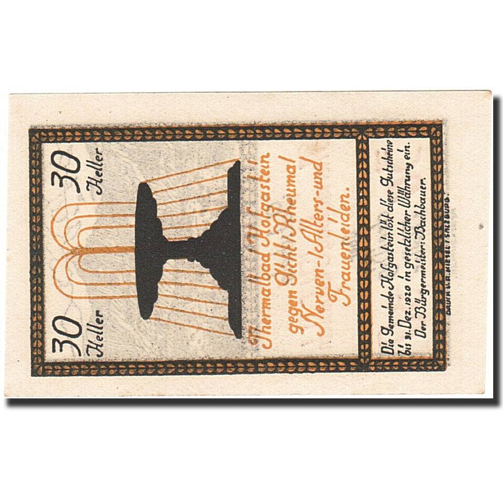Banknote, Austria, Salzbourg, 20 Heller, montagne, 1920, 1920-12-31, UNC(64)