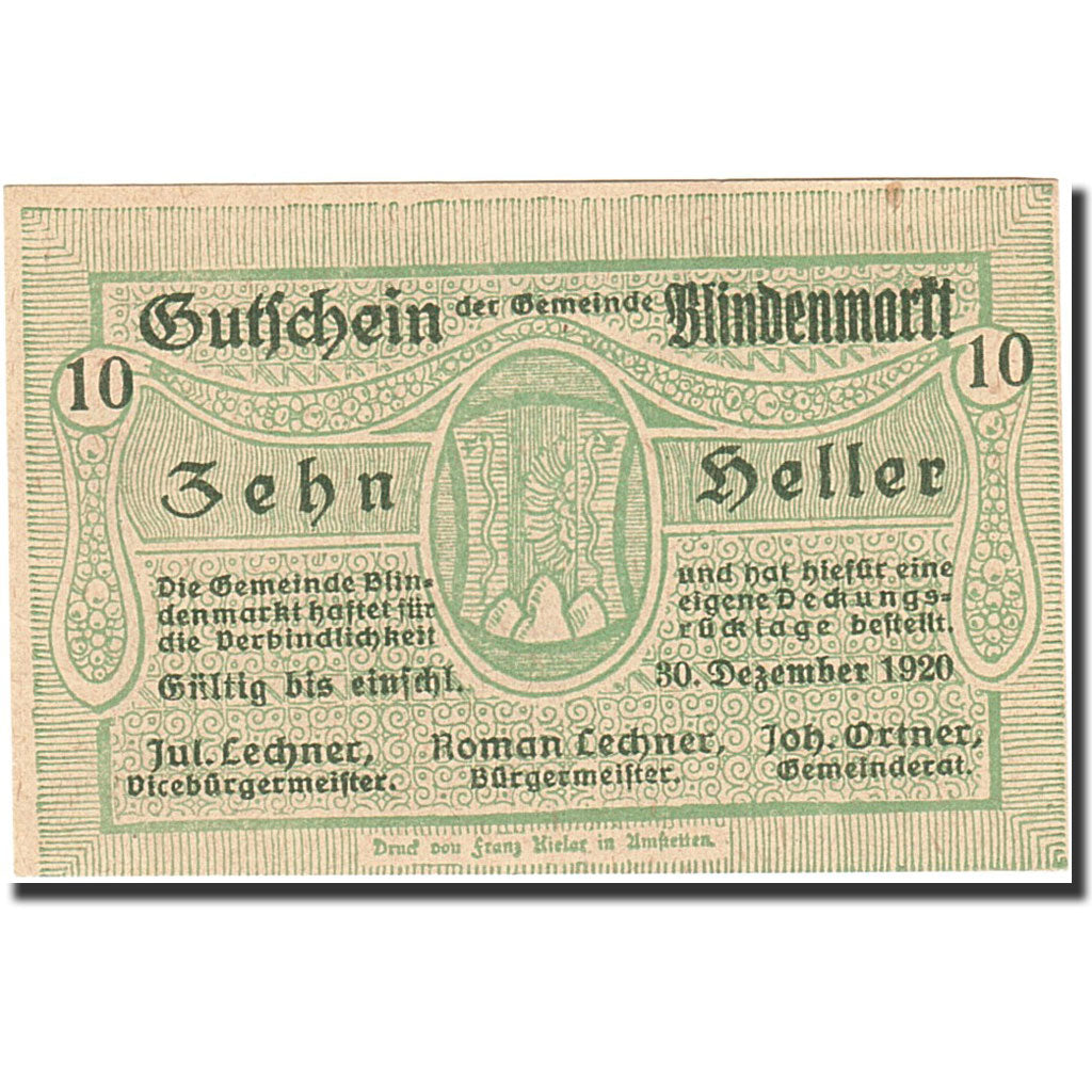 Banknote, Austria, Blindenmarkt, 10 Heller, valeur faciale, 1920, 1920-12-30