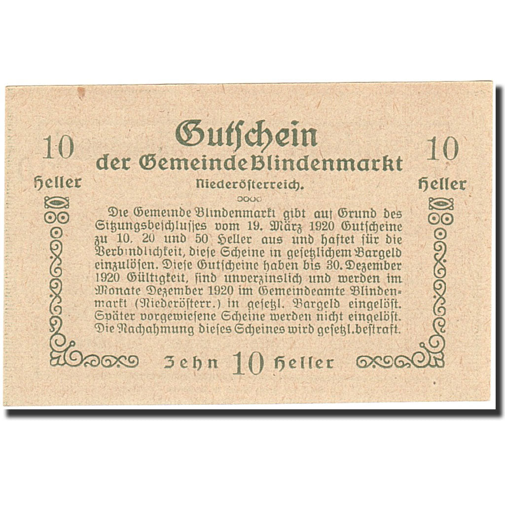 Banknote, Austria, Blindenmarkt, 10 Heller, valeur faciale, 1920, 1920-12-30
