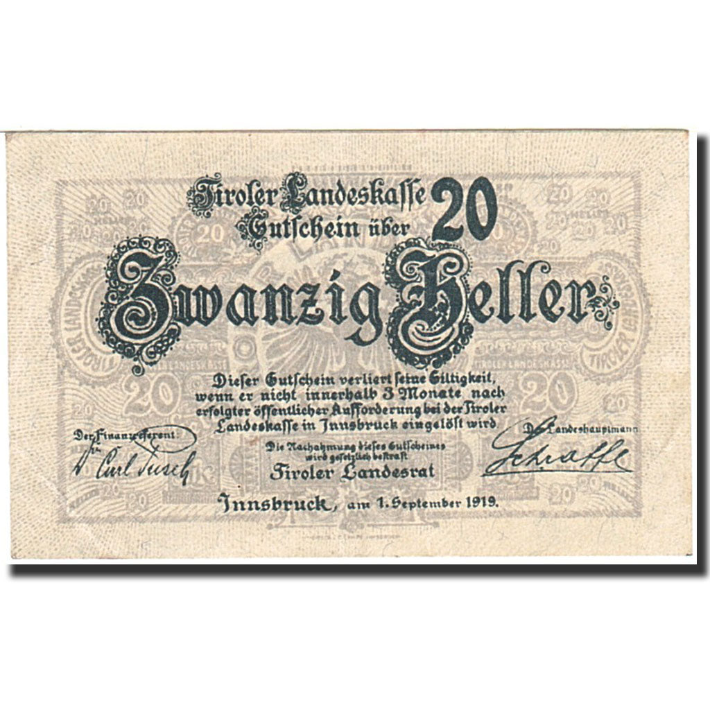 Banknote, Austria, Innsbruck, 20 Heller, valeur faciale, 1919, 1919-09-01