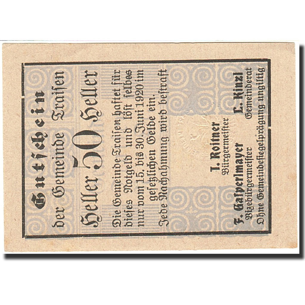 Banconote, Austria, Traisen, 50 Heller, valeur faciale, 1920, 1920-06-30, SPL