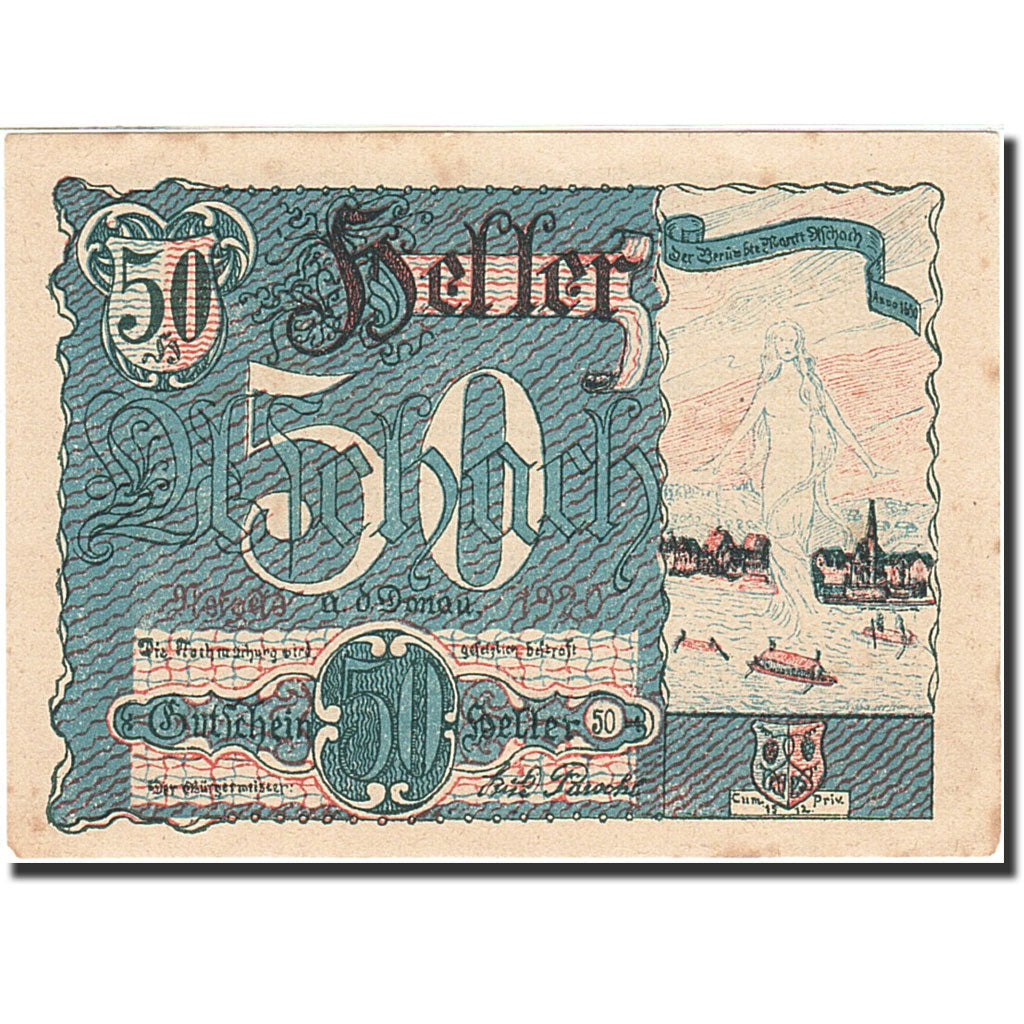 Banknote, Austria, Aschach an der Donau, 50 Heller, Blason, 1920, 1920