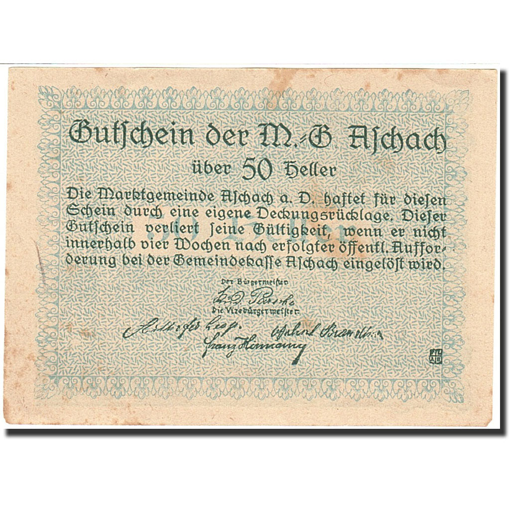 Banknote, Austria, Aschach an der Donau, 50 Heller, Blason, 1920, 1920