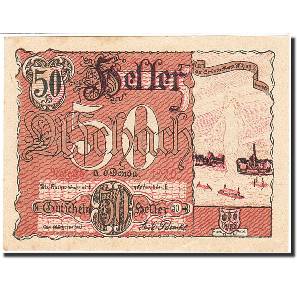 Banknote, Austria, Aschach an der Donau, 50 Heller, Blason, 1920, 1920