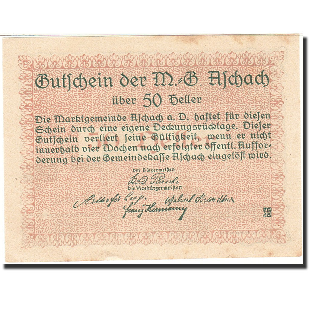 Banknote, Austria, Aschach an der Donau, 50 Heller, Blason, 1920, 1920