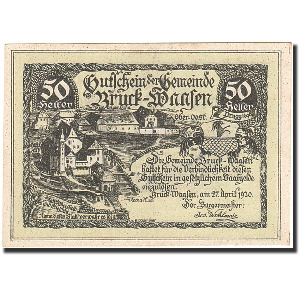 Banknote, Austria, Bruck-Waasen, 50 Heller, château, 1921, 1921-03-31